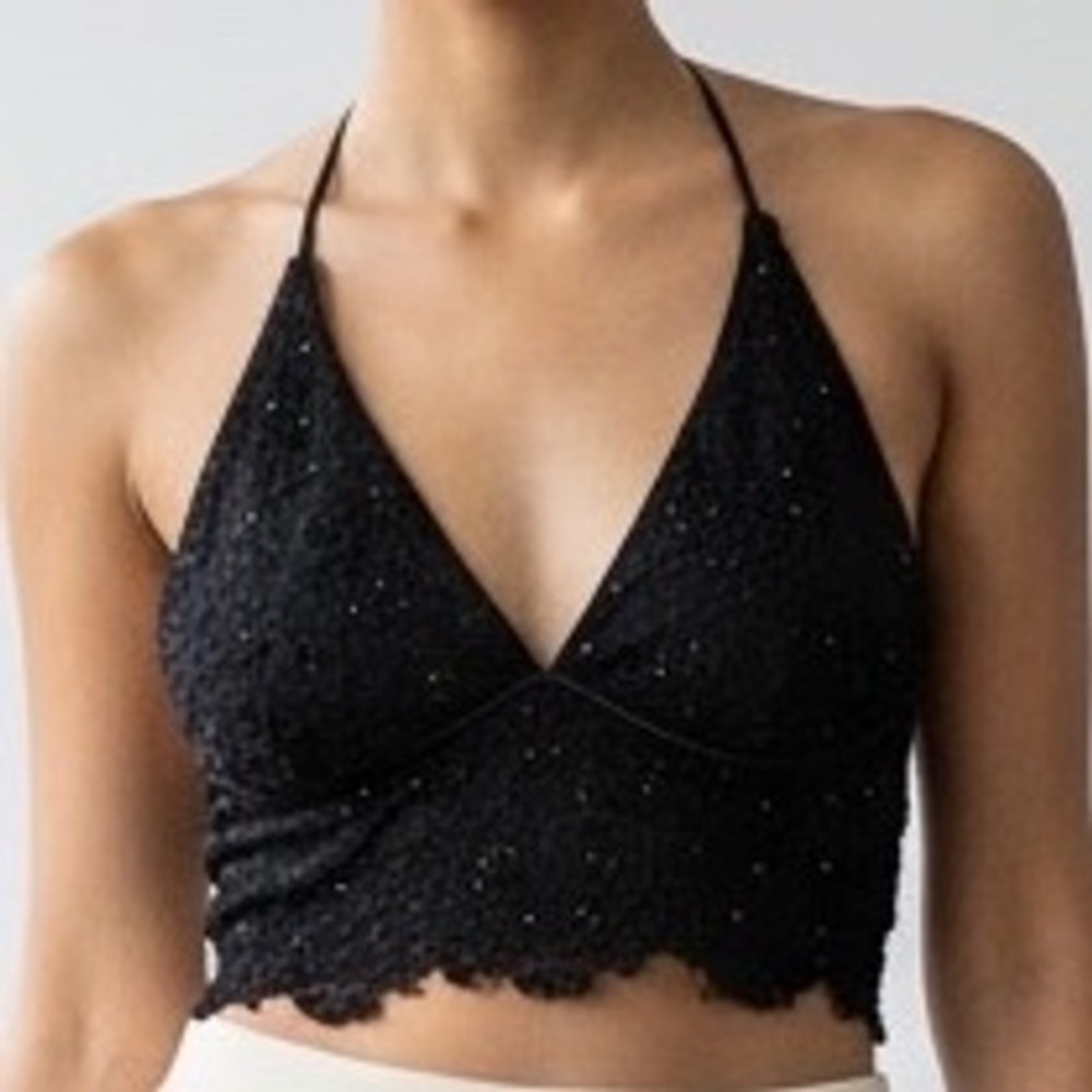 Sherri Hill Black Beaded‎ Lace Halter Crop Top V-Neck Formal Size 4